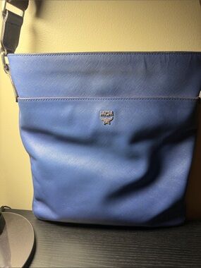 MCM Royal Blue Leather Crossbody Bag with Silver Logo